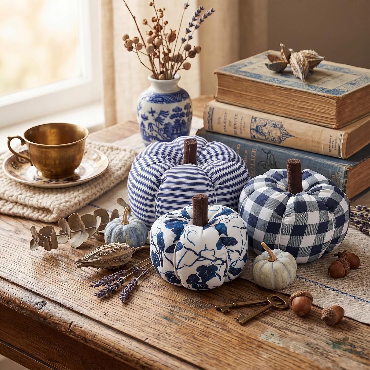 SiliFine 3 Pcs Fall Pumpkins Decoration for Home Blue and White Decorative Pumpkins Farmhouse Artificial Fake Pumpkin for Fall Harvest Thanksgiving Home Table Mantel Table Decor