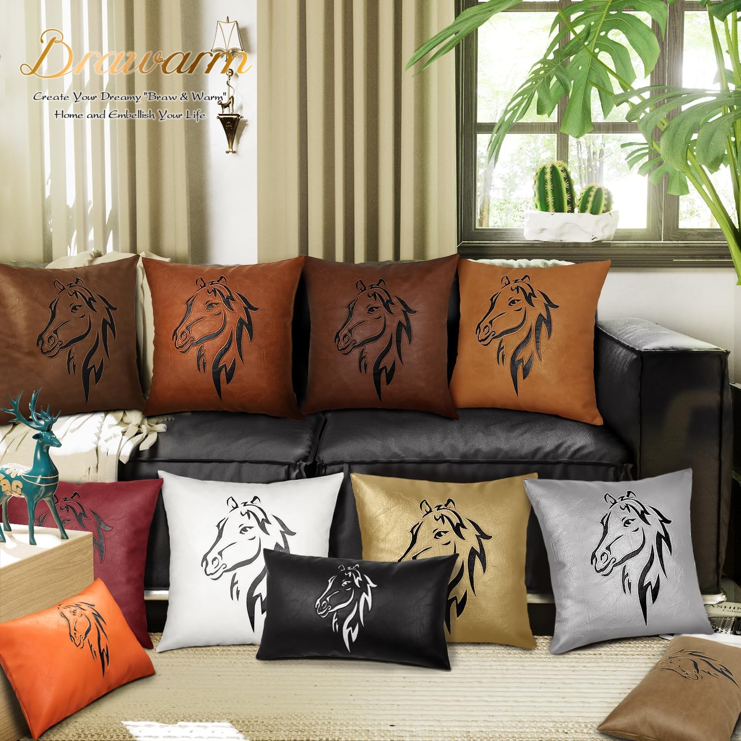 BRAWARM Leather Throw Pillow Cover 20 X 20 Inches - Dark Brown Faux Leather Pillow Cover Case, Luxury Horse Embroidery Faux Leather Throw Pillow for Couch Sofa Bed Home Decorative
