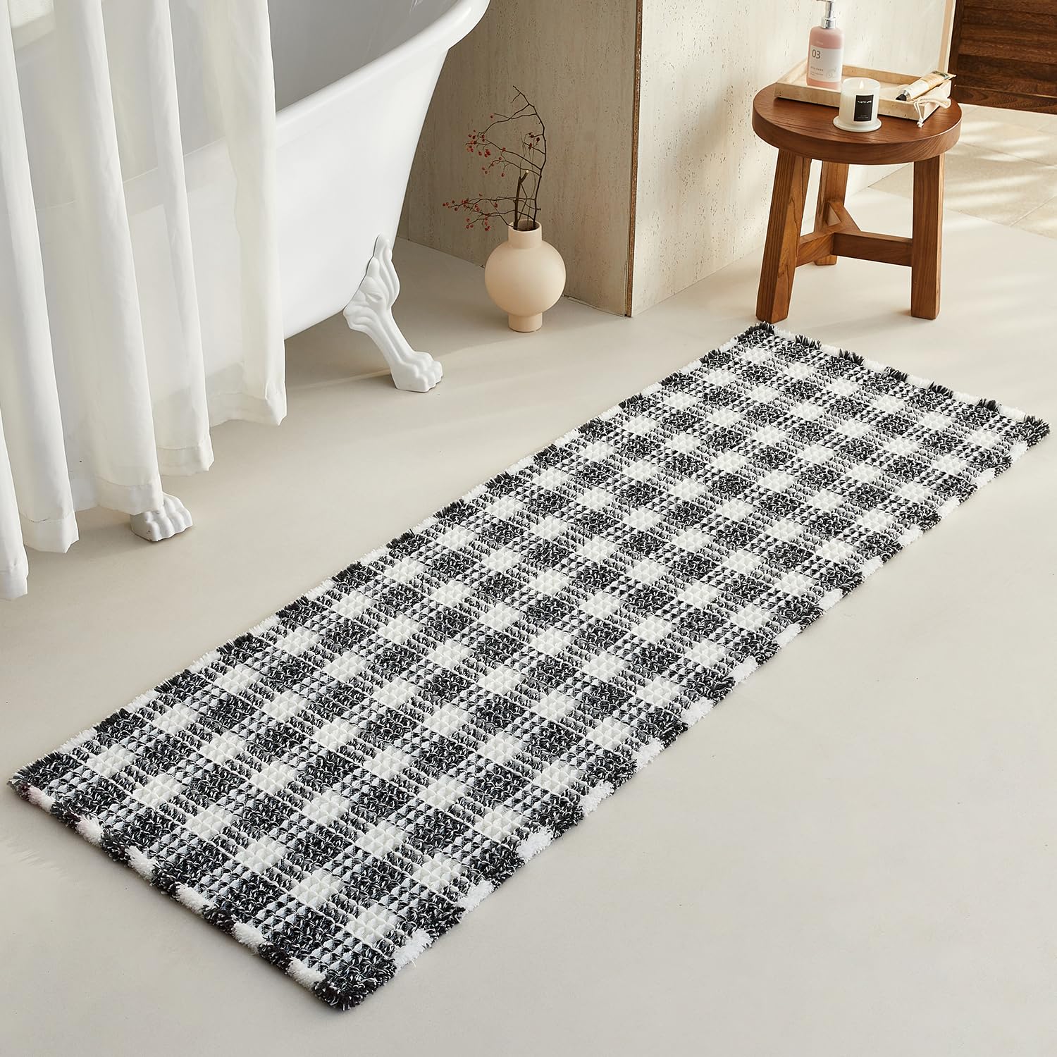 TYUU Waffle Runner Rug Bathroom, Long Boho Bathroom Rugs Non Slip Washable Absorbent Checkered Bathroom Mat Quick Dry Farmhouse Bath Mat, 72"x24"