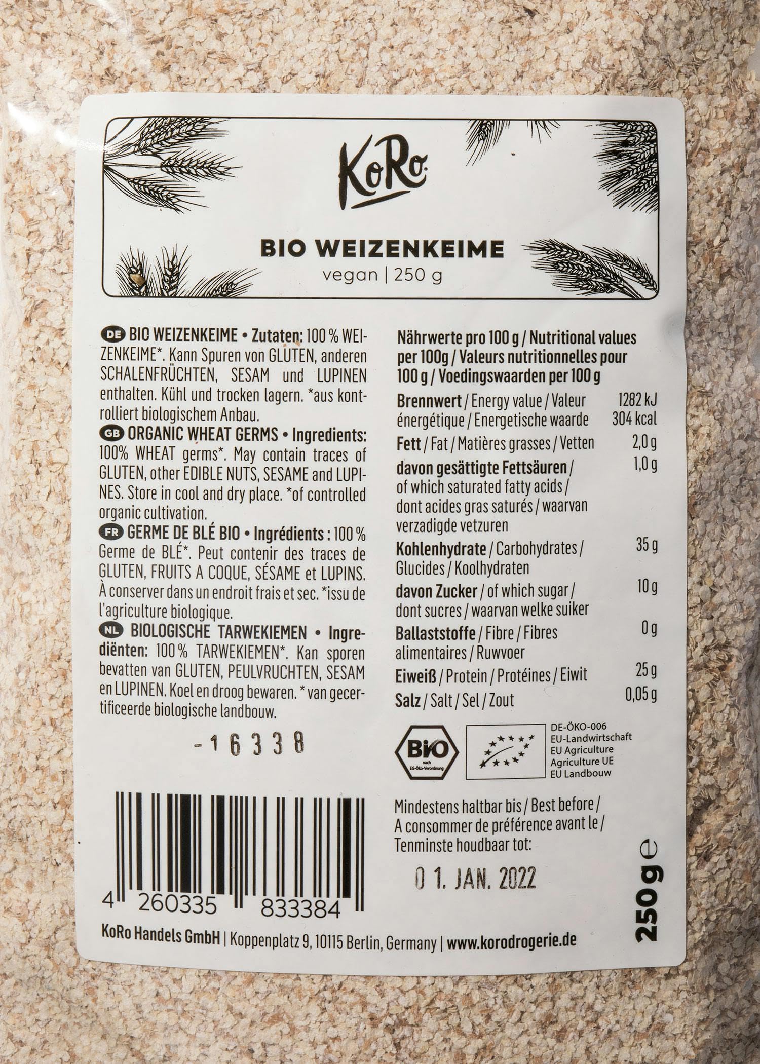 KoRo - Germes de blé bio 6 x 250 g - Source de protéines végétales - Faible teneur en matières grasses - Qualité biologique