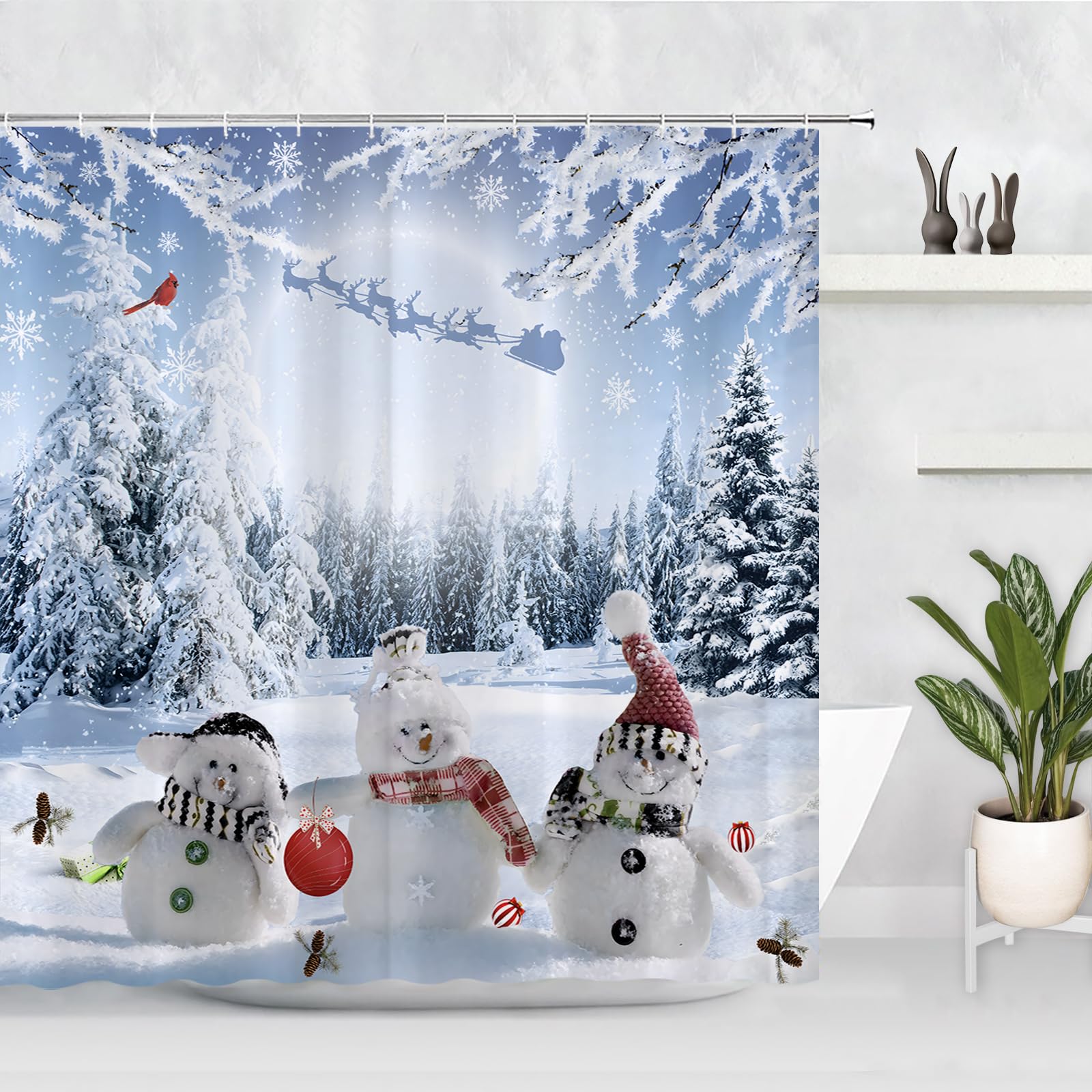 Farmhouse Winter Christmas Shower Curtain, Cute Snowman Snow Forest Pine Tree Scene Shower Curtain for Bathroom Rustic Xmas Snowflake Holiday Bathroom Accessories Polyester 180x180cm