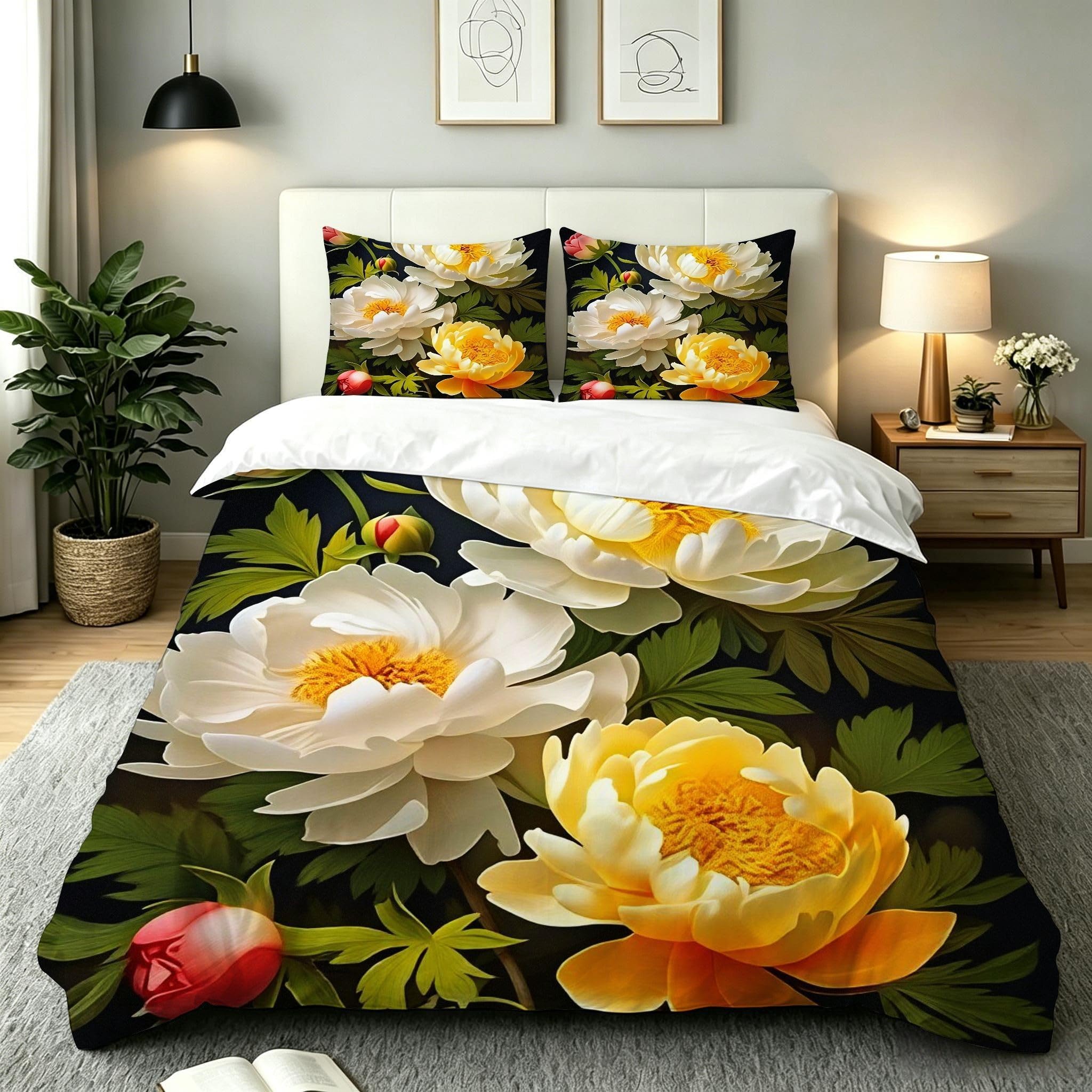 Copripiumino Matrimoniale Peonia Bianca 260x240, ZW894 | Traspiranti Durevoli Microfibra, per Tutta la Famiglia, Matrimoniale, per Tutte le Stagioni, con 2 Federe 50x80 cm