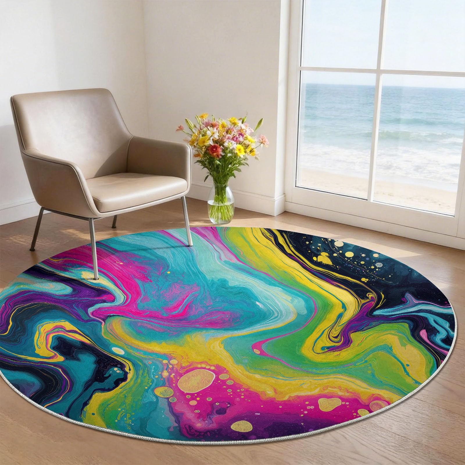 Générique Tappeto rotondo Art 180 cm, tappeto lavabile in lavatrice per soggiorno, antiscivolo, stampa in marmo neon ombreggiato psichedelico per sala giochi, rosa blu