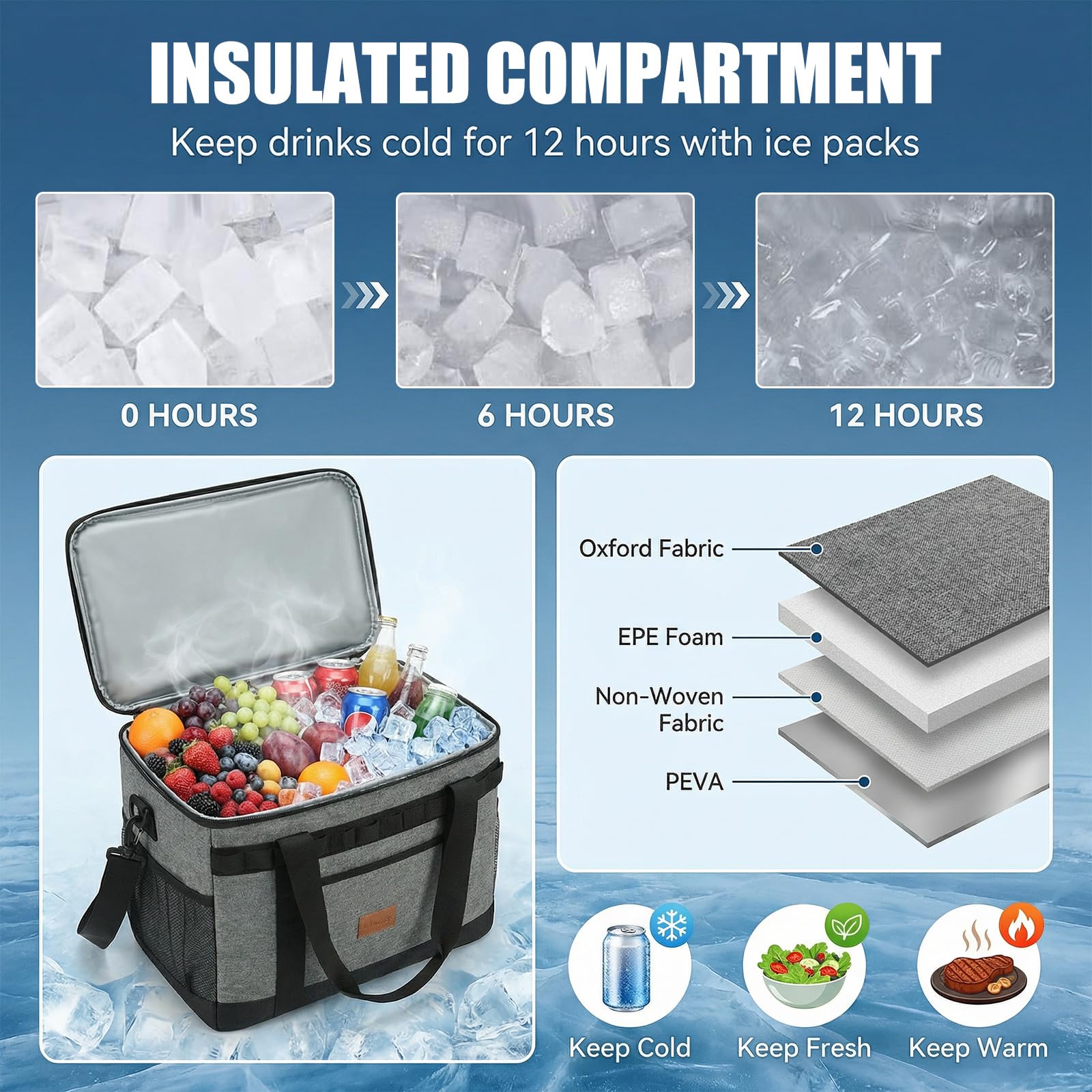 Borsa termica grande da 42 l, 60 lattine, pieghevole, con tasche multiple, isolata a prova di perdite, per campeggio, picnic, barbecue, attività all'aperto, 46 x 30 x 31 cm