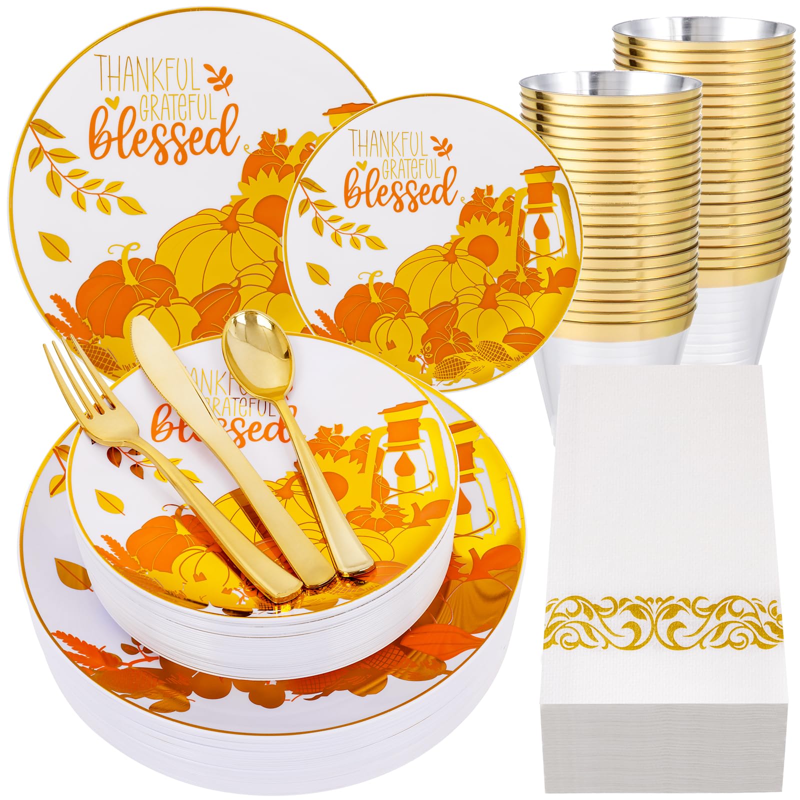 MirthMood 210PCS Thanksgiving Disposable Plates, Gold Plates for Party Table Decor, Fancy Disposable Plates Include 30 Dinner Plates, 30 Dessert Plates, 30 Gold Silverware, 30 Napkins, 30 Gold Cups