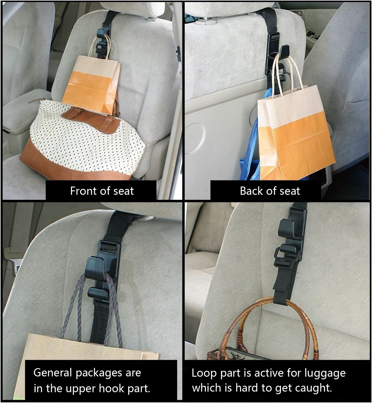 4 Pack Car Seat Headrest Hooks by Villexun , Strong Durable Backseat Headrest Hanger Storage For Handbags, Purses, Coats, and Grocery Bags, Universal Vehicle Car Seat Back Headrest Bottle Holder Photo