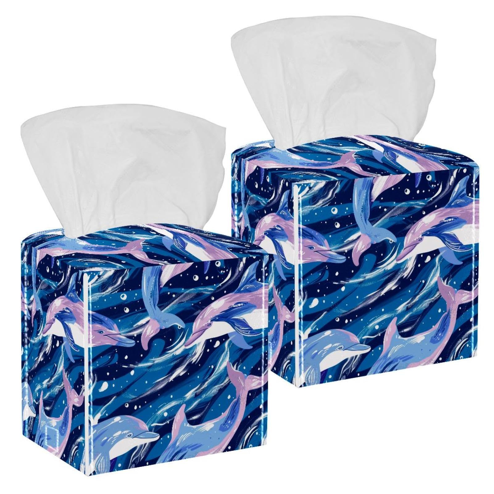 Dolphins Tissue Box Cover, 2 Pack PU Leather Square Facial Tissue Dispenser Box holder for Home Office Car