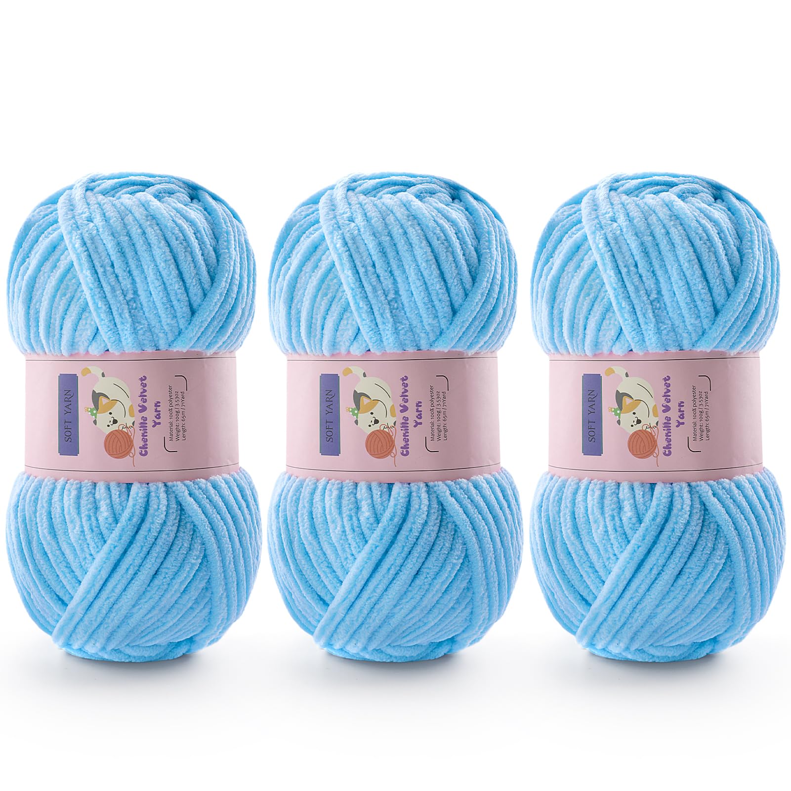 Chunky Chenille Yarn for Crocheting, #6 Blue Baby Blanket Yarn for Crochet