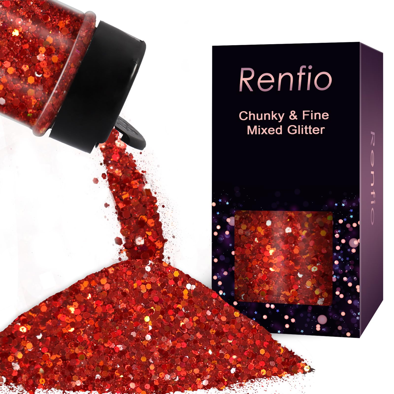 Renfio Holographic Glitter, 2.11oz/60g Medium Size Chunky Mix Ultra Fine for Crafts Red Sequins, Valentines Resin