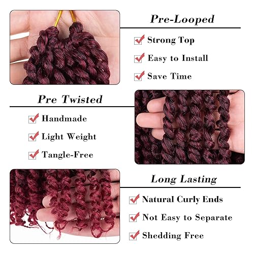 Miniatura 3 de Leeven #TBUG - Extensiones de cabello sintético de ganchillo pretrenzado color borgoña degradado de 14 pulgadas, 8 paquetes de extensiones de