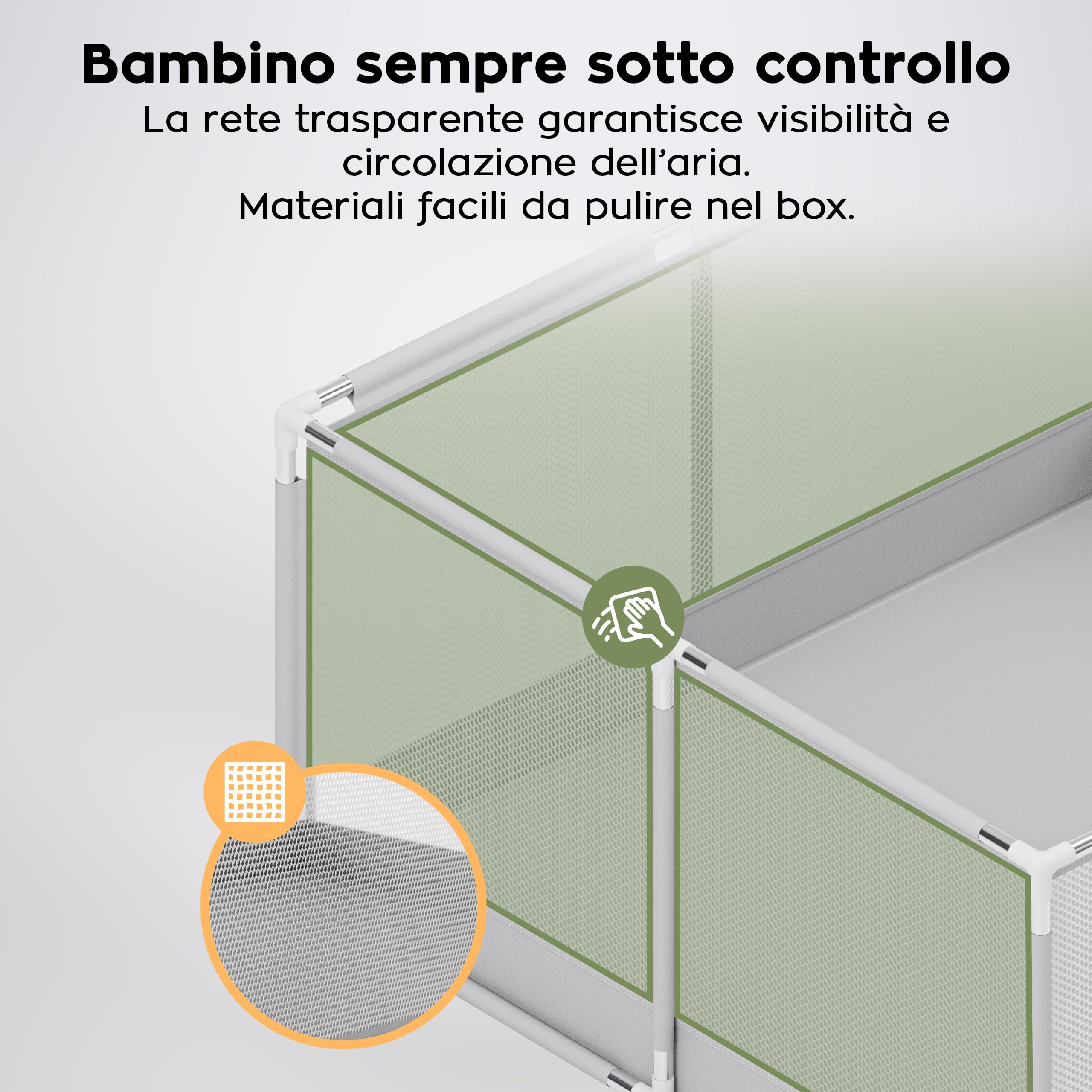 Tulano Cozy 28 Box per Bambini 180x200 cm - da 6 a 36 mesi – Recinto Neonato con Fondo – Struttura in Metallo – Rete Traspirante – Porta con Cerniera – Borsa Inclusa – Casa e Giardino – Grigio