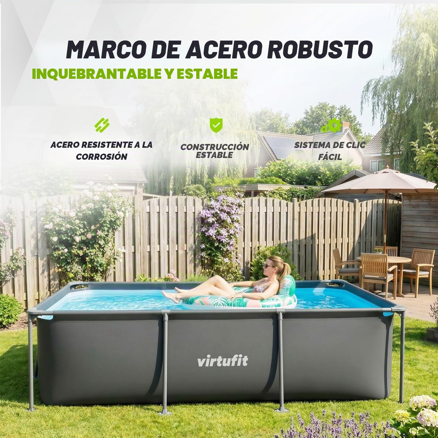 VirtuFit, Piscina rectangular, 260 x 180 cm, bomba de filtro y cartucho, rápida instalación, incluye Kit de reparación Liner