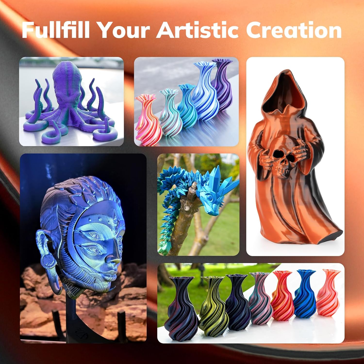 AMOLEN Silk PLA 3D Printer Filament, Dual Color Black Orange PLA 1.75mm, Shiny Color Change Filament 3D Printing PLA Filament for Most FDM 3D Printer, 1kg Spool(2.2lbs) - Image 4