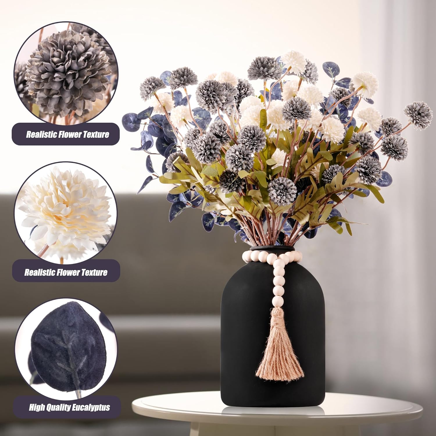 20''H Fake Flowers in Large Vase for Centerpiece Table Decorations with 10Pcs Fake Mums Flowers Eucalyptus Stems Faux Pompon Kiku Flowers Arrangement for Home Decor (Blue/Black Vase)