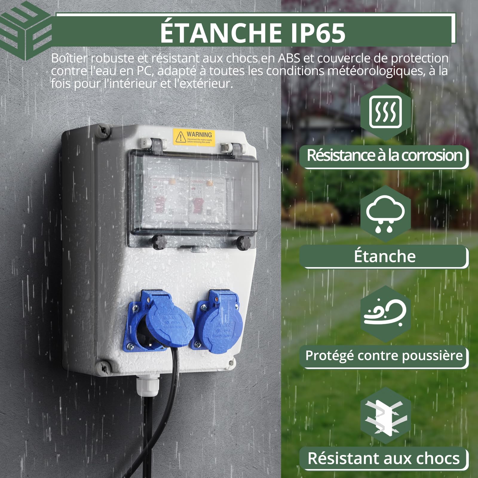 EYPINS Coffret Électrique de Chantier avec LS+FI-IP54 -Prise Schuko-230 V -Distributeur de Courant Électrique avec Disjoncteur Distributeur de Puissance Consommée pour Atelier/Usine/Garage