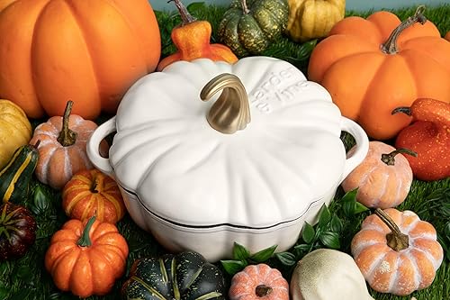 Miniatura 5 de Larder & Vine Horno holandés de hierro fundido esmaltado  Cacerola de calabaza blanca con tapa (3.9 cuartos de galón3.7L)