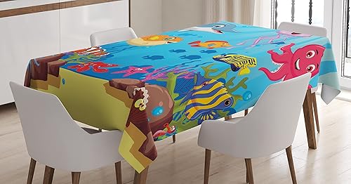 Miniatura 4 de Ambesonne Ahoy - Mantel de ancla, diseño de ancla con rueda de velero oceánico, vida marina, olas marinas, tema marino, para niños y niñas, mantel