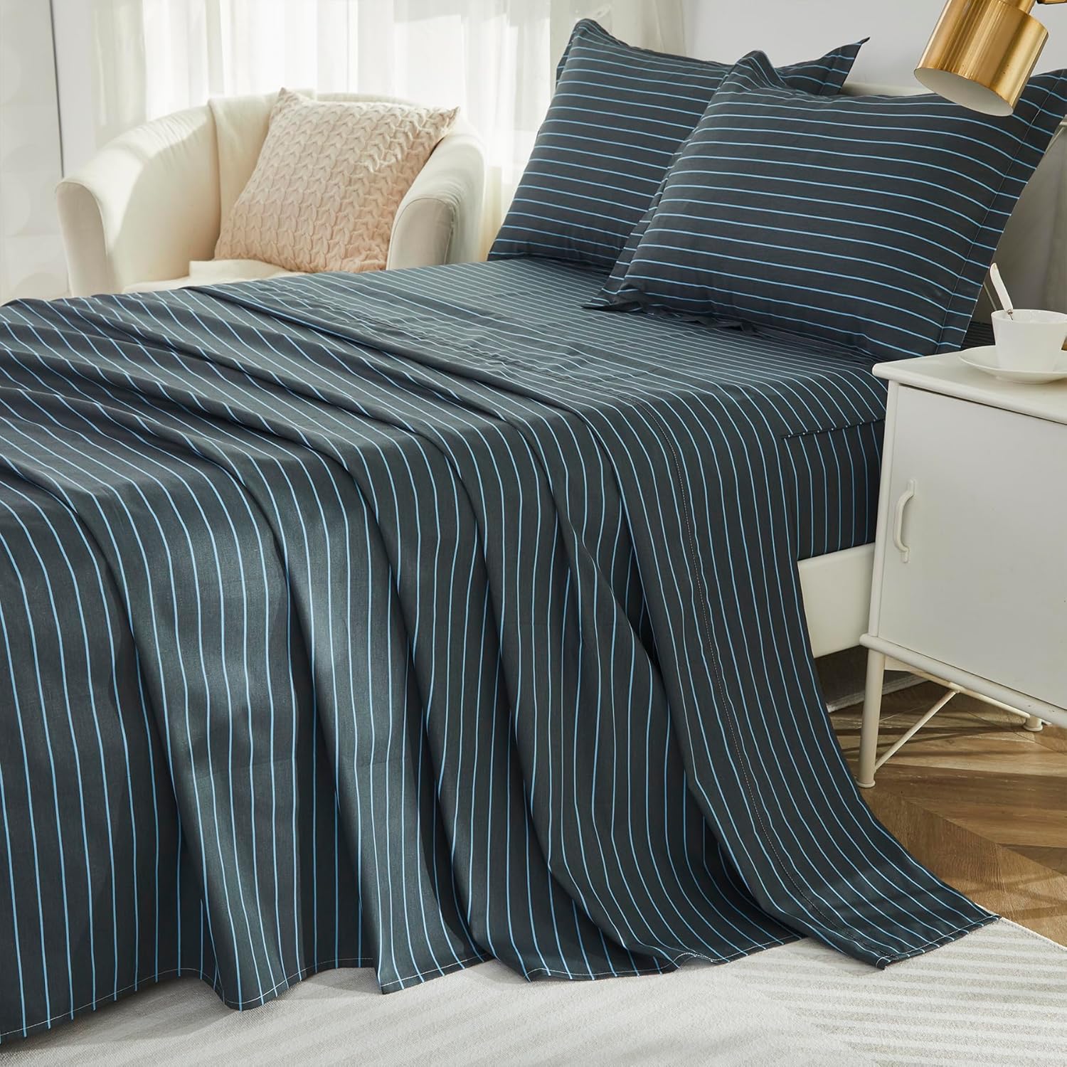 Brandream Kid's Sheet Set Twin Size 100% Cotton 3pcs Print Reversible Striped Boys Bedding Sheet Pillow Cover Set Teen Children Bedroom Set Soft and Breathable (Grey)