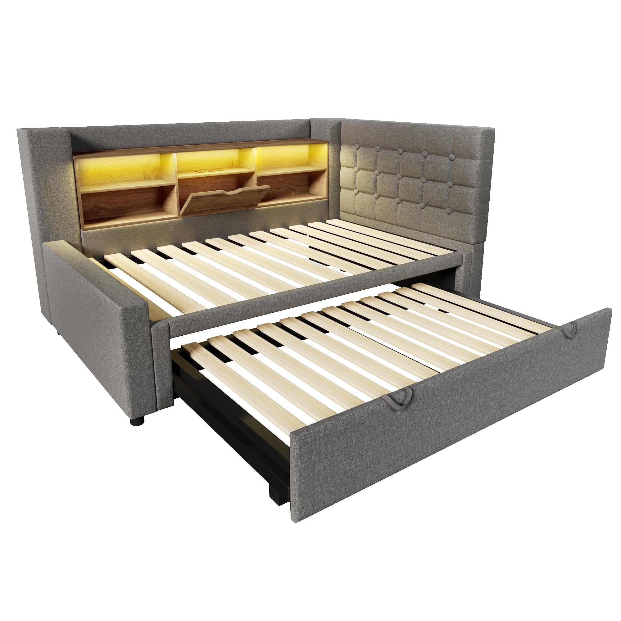Cama tapizada de 90 x 200 cm con cama nido de 90 x 190 cm, iluminación LED, cama de almacenamiento, cabecero en forma de L con espacio de almacenamiento, montaje por ambos lados, somier, lino