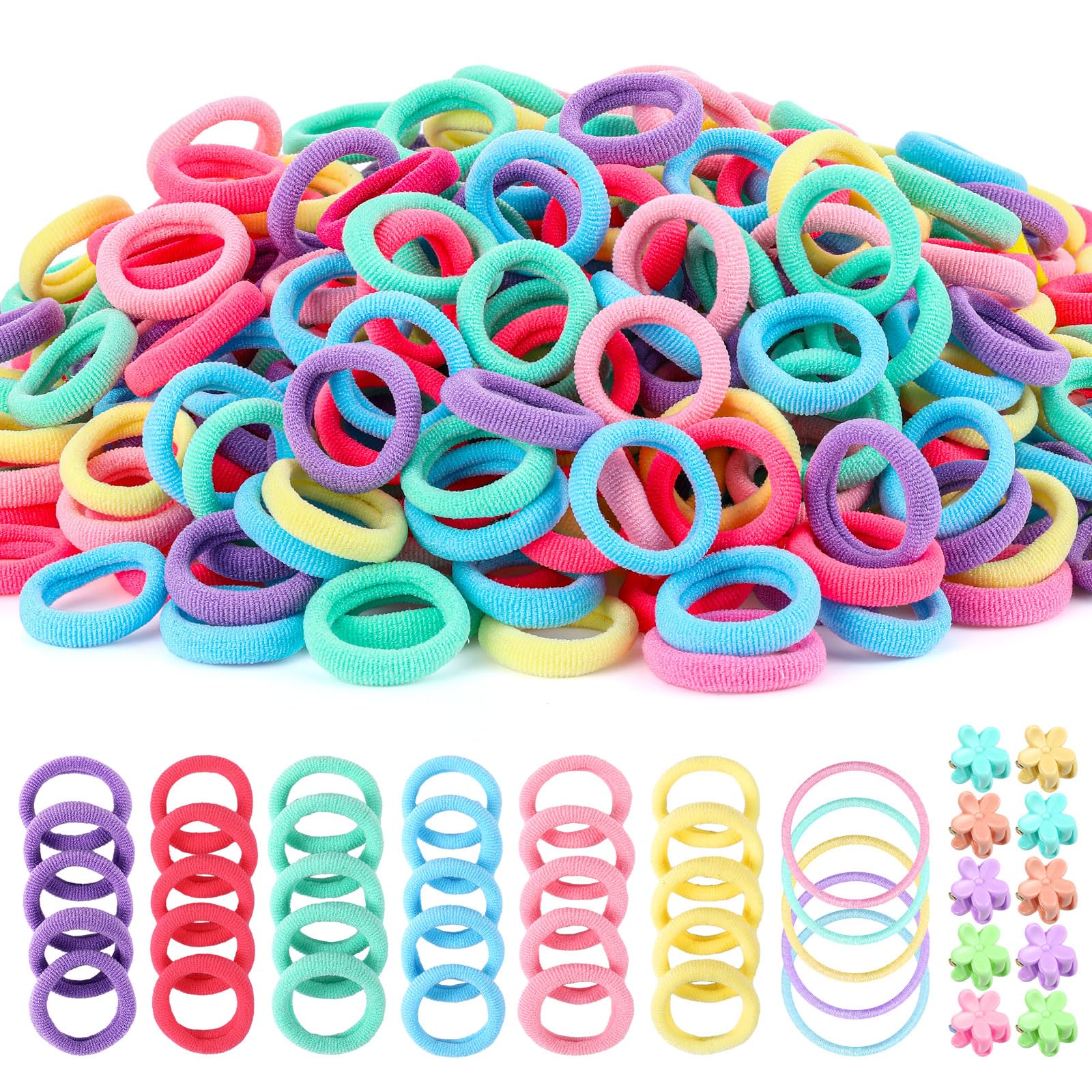 Aurora - 360 gomas para el pelo de bebé, suaves y sin costuras, 250 gomas de algodón para niños pequeños, 100 gomas finas para el pelo, 10 mini pinzas de flores para niñas, color macarrón