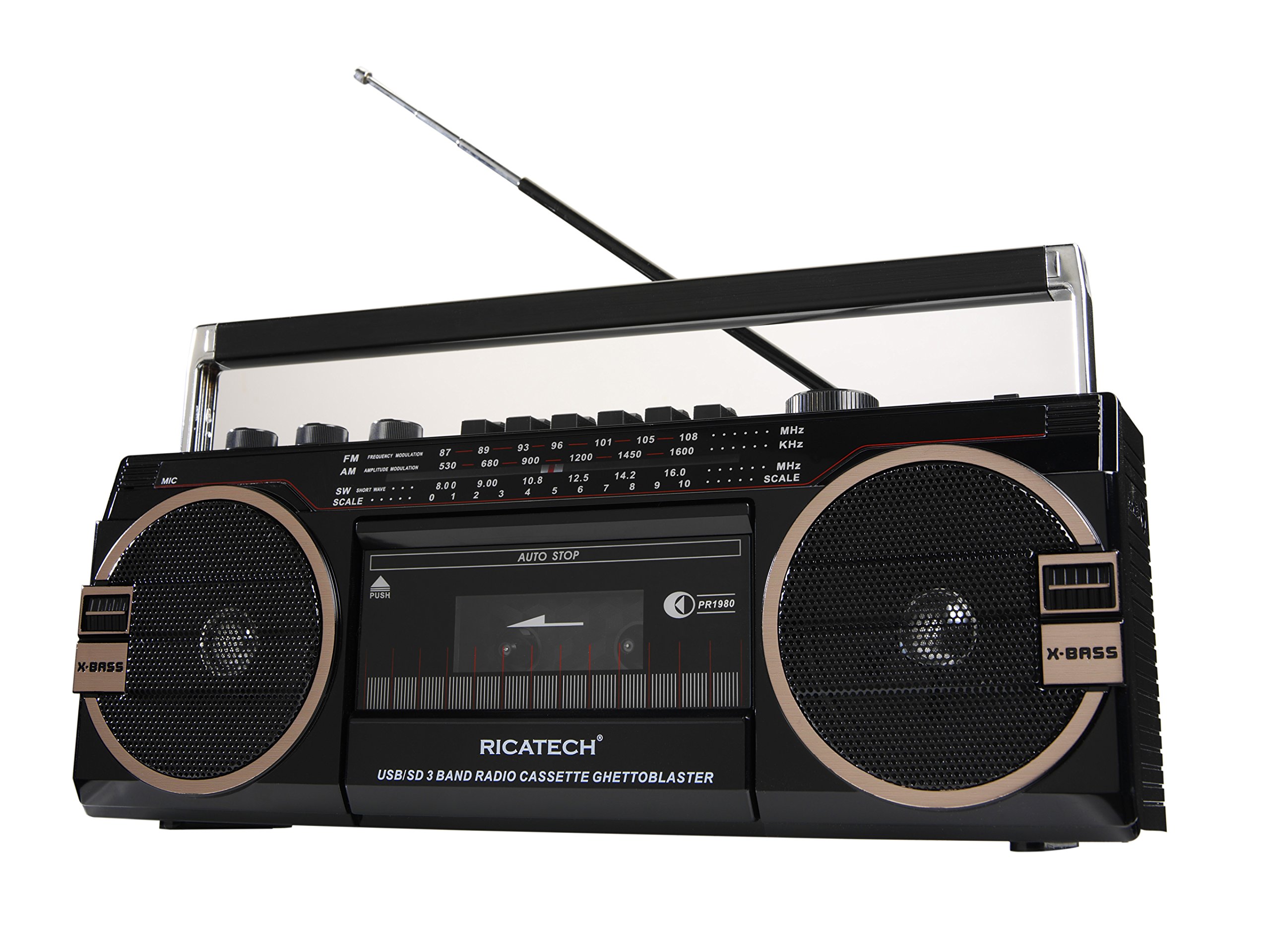 Ricatech PR 1980 reproductor de potencia, radiocasetera, casete, reproductor de cintas, radio AM, FM, SO 3 bandas sonoras, admite tarjetas USB y SD, Negro
