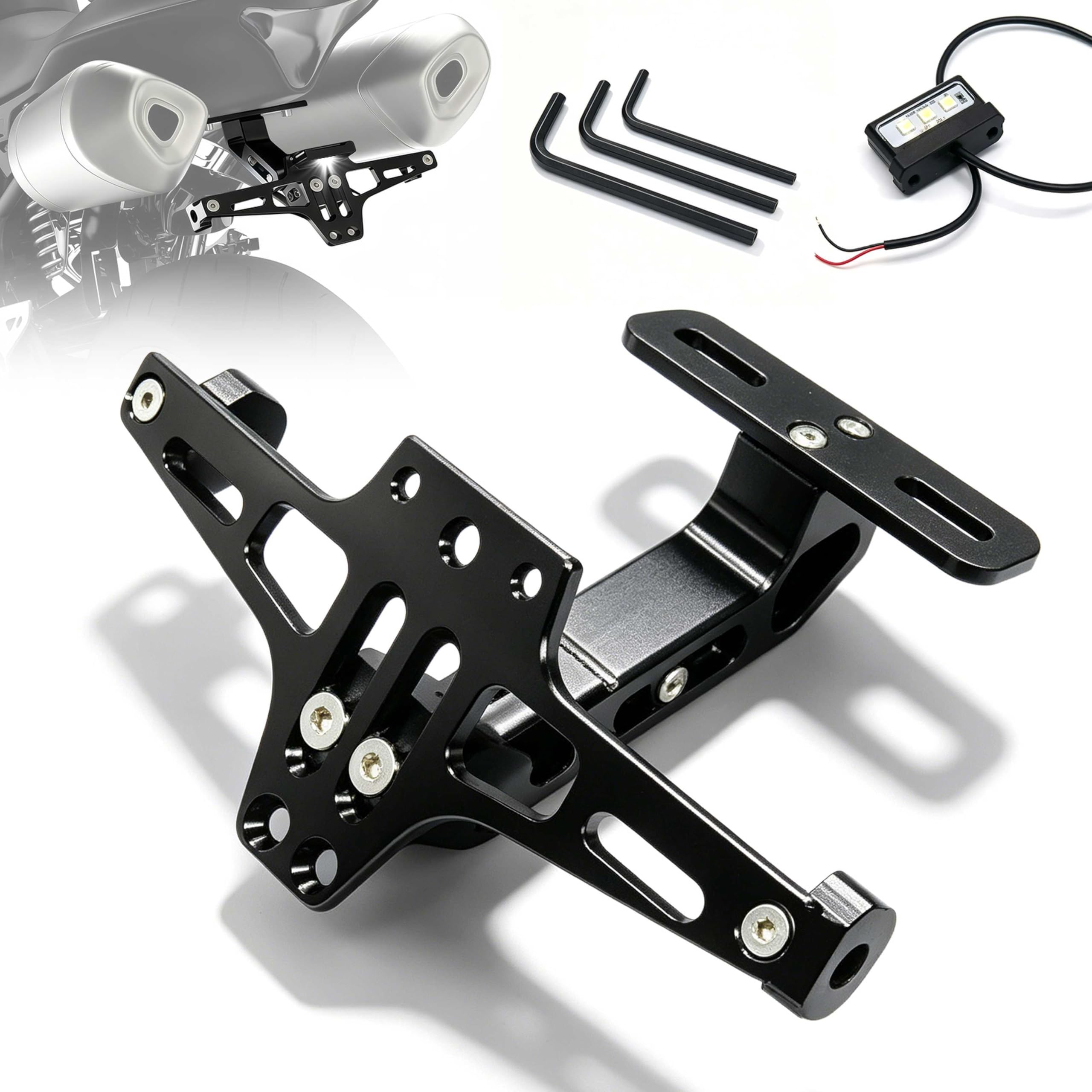 Portatarga moto, portatarga regolabile con illuminazione targa e strumenti, in lega di alluminio universale, compatibile con la maggior parte dei modelli di moto comuni