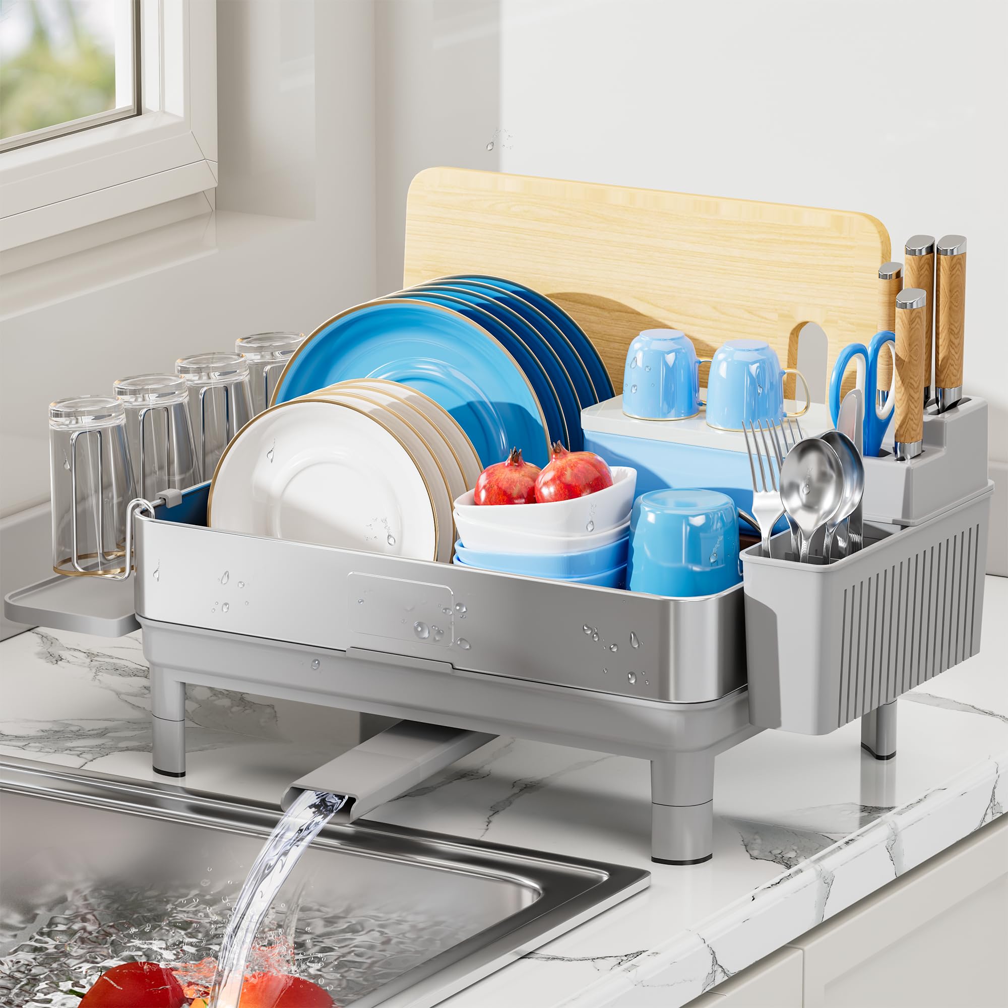 Ewaiira Dish Drying Rack, 304 Stainless Steel Dish Racks for Kitchen Counter, Dish Drainers with Automatic Drainage, Utensil Holder &amp; Cups Holder, Space Saving Kitchen Organizer, Gray