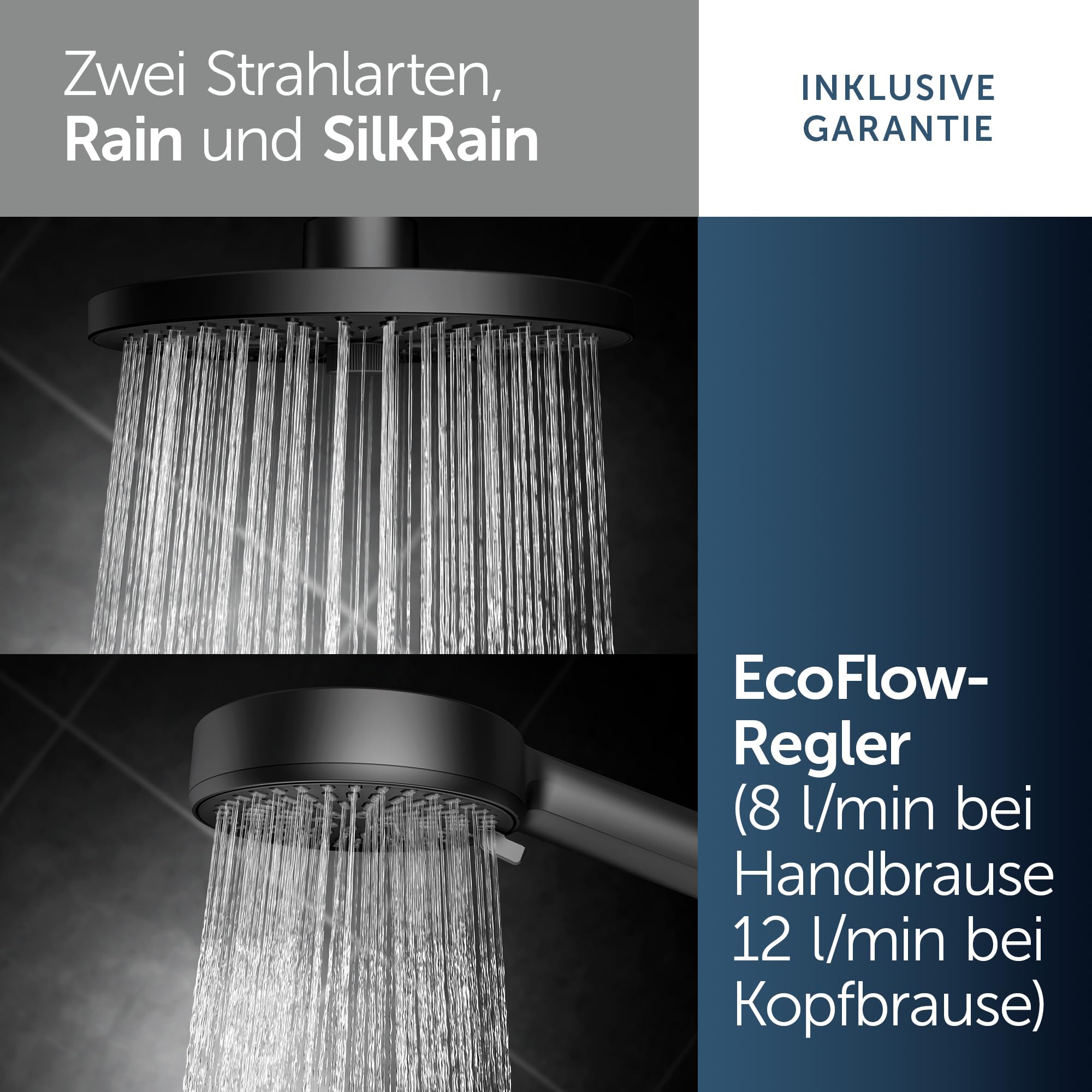 Ideal Standard Ceratwist Alu+ Duschsystem, hergestellt aus 100% recyceltem Aluminium, Wassersparende Brause mit variablen Strahlarten – Schwarz Matt (338x501x1104 mm)