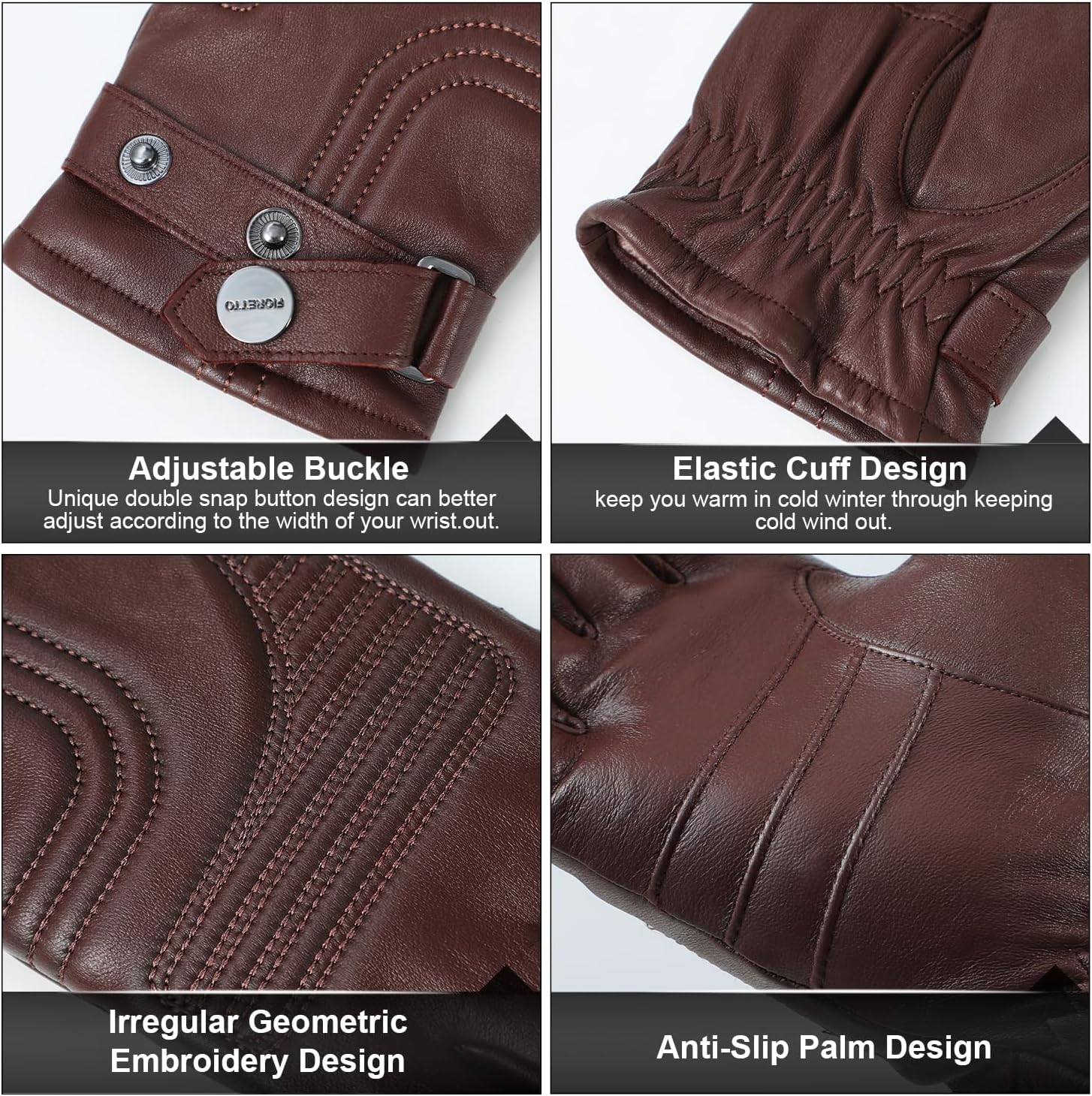 FIORETTO Men’s Chrome-Free Leather Driving Gloves Warm Cashmere Lined Touchscreen Winter Gloves M200814 - Image 5