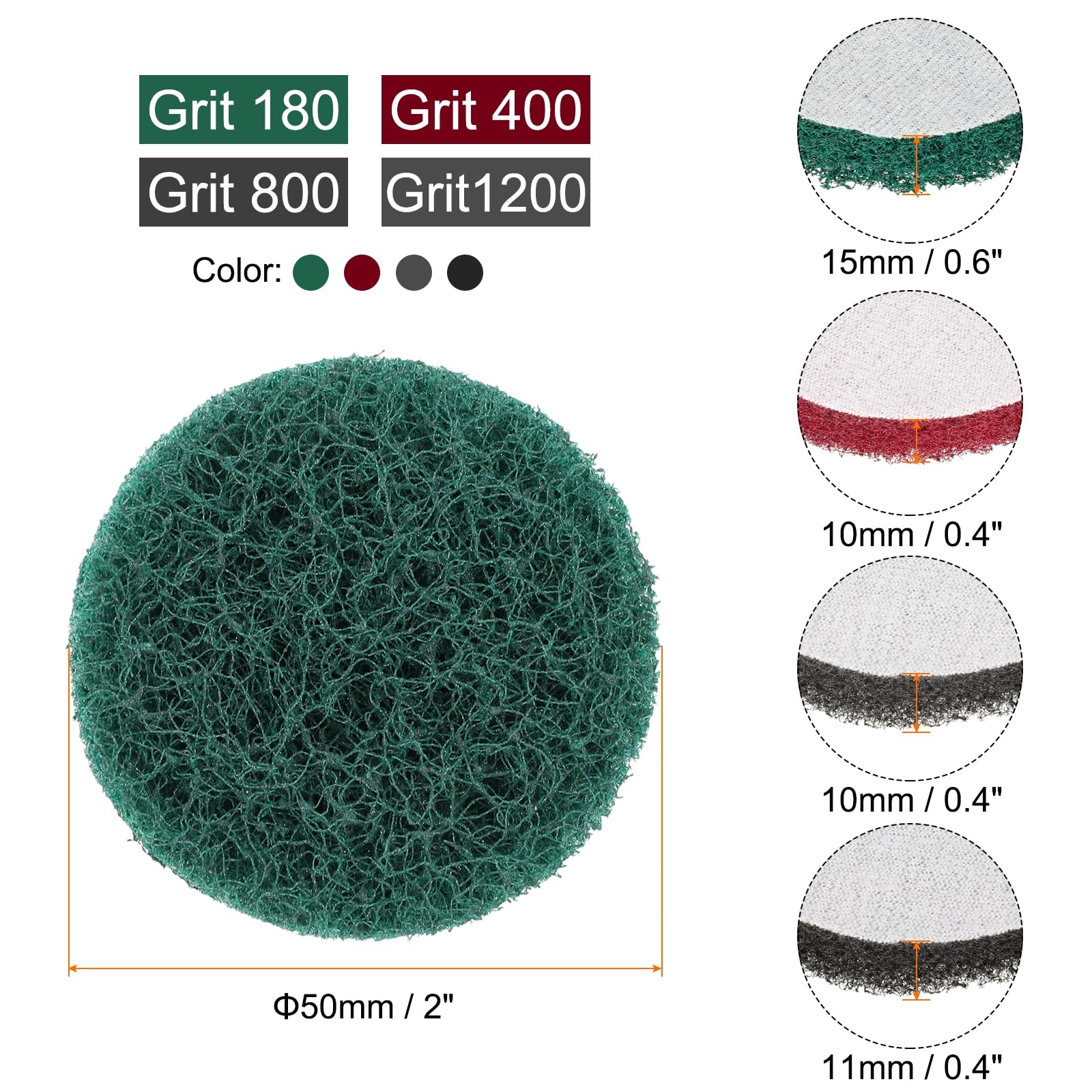 HARFINGTON 4pcs Scrubber Scouring Pads 180 400 800 1200 Grits 2 Inch Drill Power Brush Hoop and Loop Surface Conditioning Disc Drill Scuffing Disc Scrub Pads for Kitchen Cleaning, 4 Colors