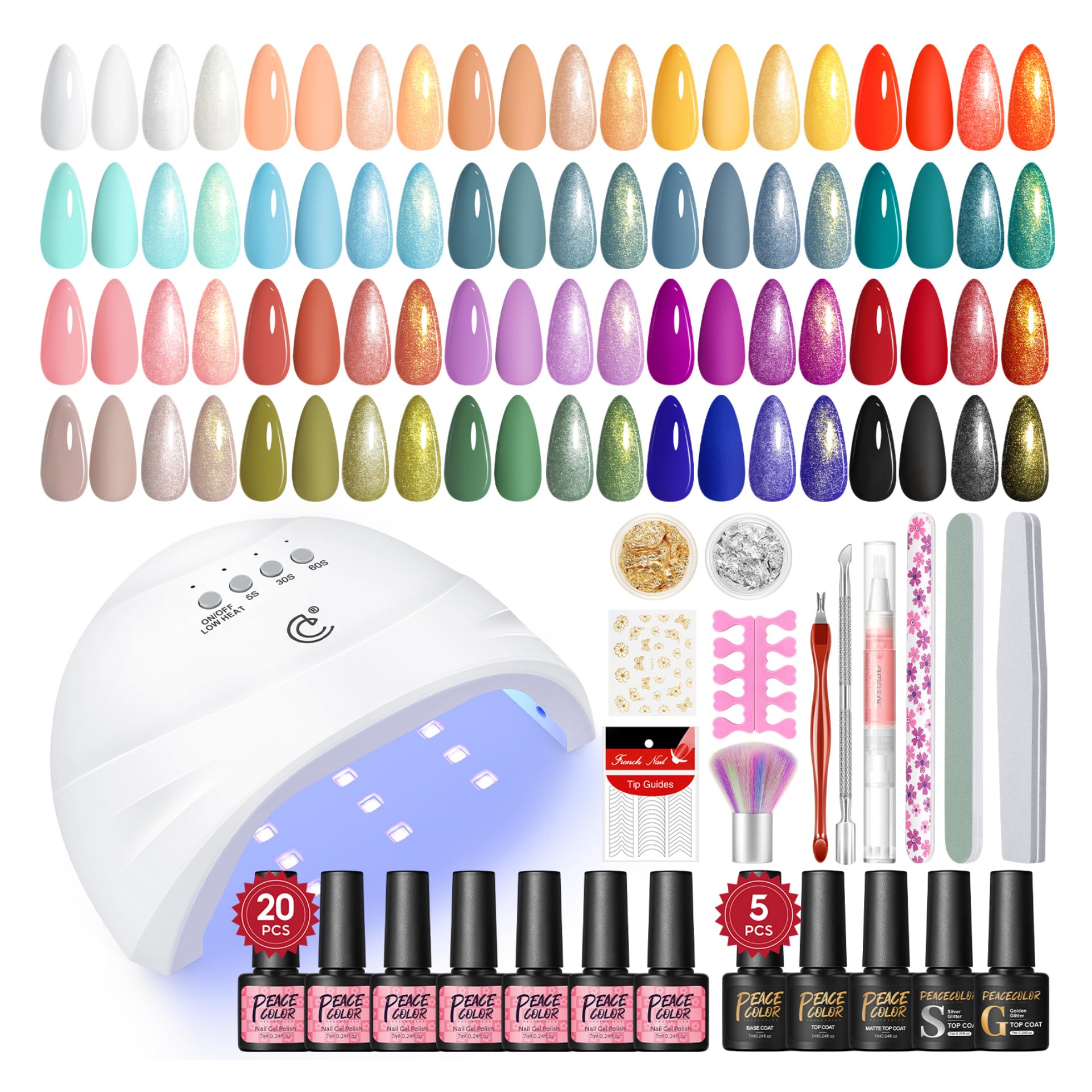 Kit Ongle Gel UV Complet, PEACECOLOR Kit Manucure Semi permanent 20+5PCS Vernis à Ongles Gel avec Lampe UV Ongles Gel No Wipe Top Coat Gloosy Pailleté Matte Base Coat Nail Art Kit Coffret Débutants