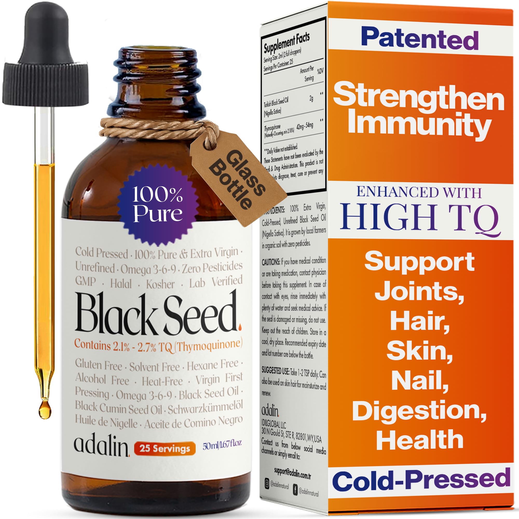 adalin Black Cummin Seed Oil Liquid Drops 1.67 fl oz | Nigella Sativa Seed Oil | High Thymoquinone | Cold Pressed | Glass Bottle | Blackseed | Vegan | Gluten Free 1.67 Fl Oz (Pack of 1)