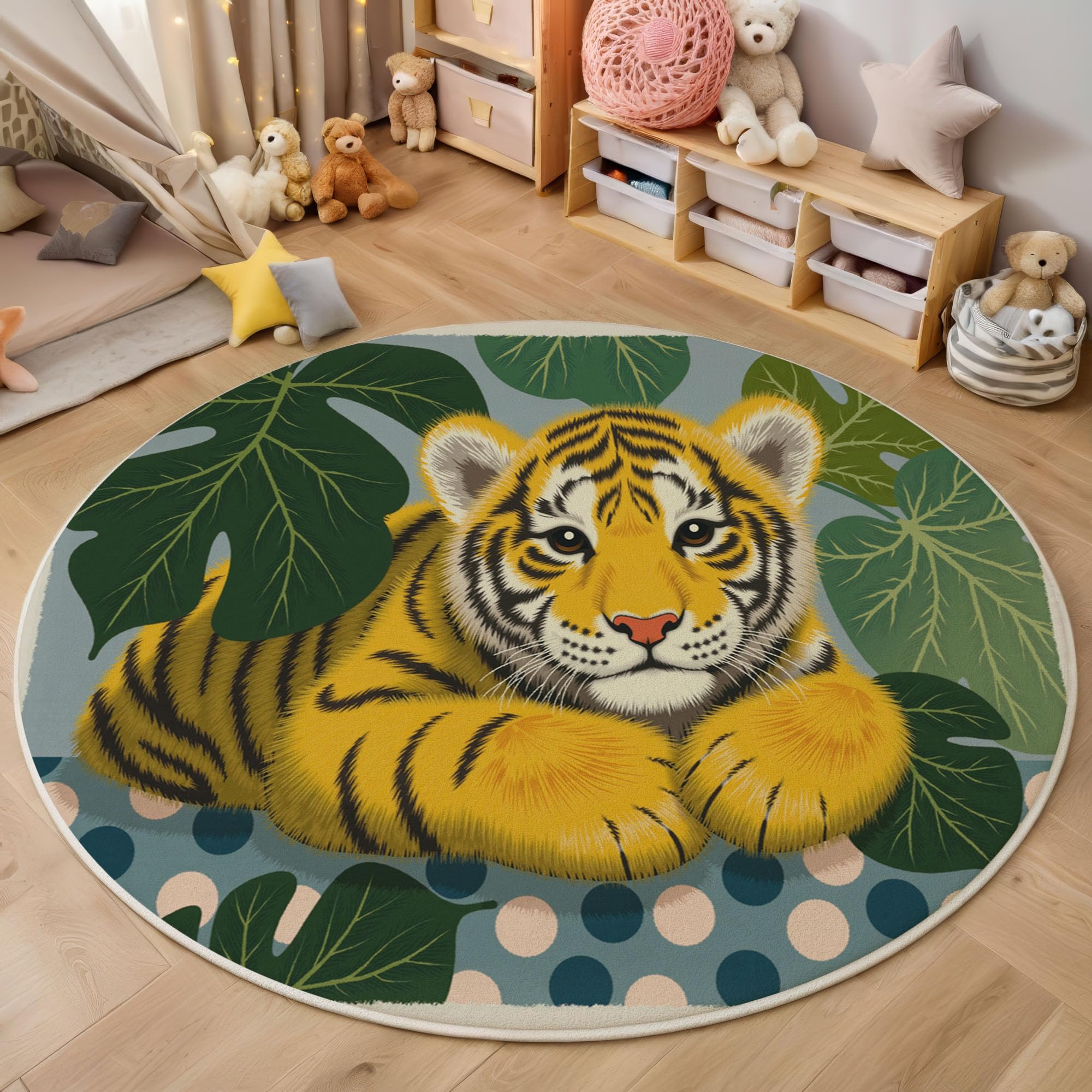 Tapis rond antidérapant 120cm jaune doux lavable pour salon et chambre