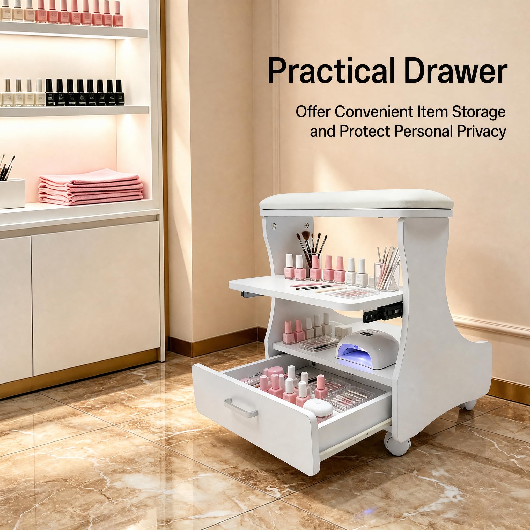 Taburete de pedicura con ruedas para baño, pies, manicura, 20 kg, color blanco | Taburete de pedicura con ruedas blanco 2 en 1 para pies y manicura, 20 kg, cojín suave, cajón, frenos, salón, hogar.