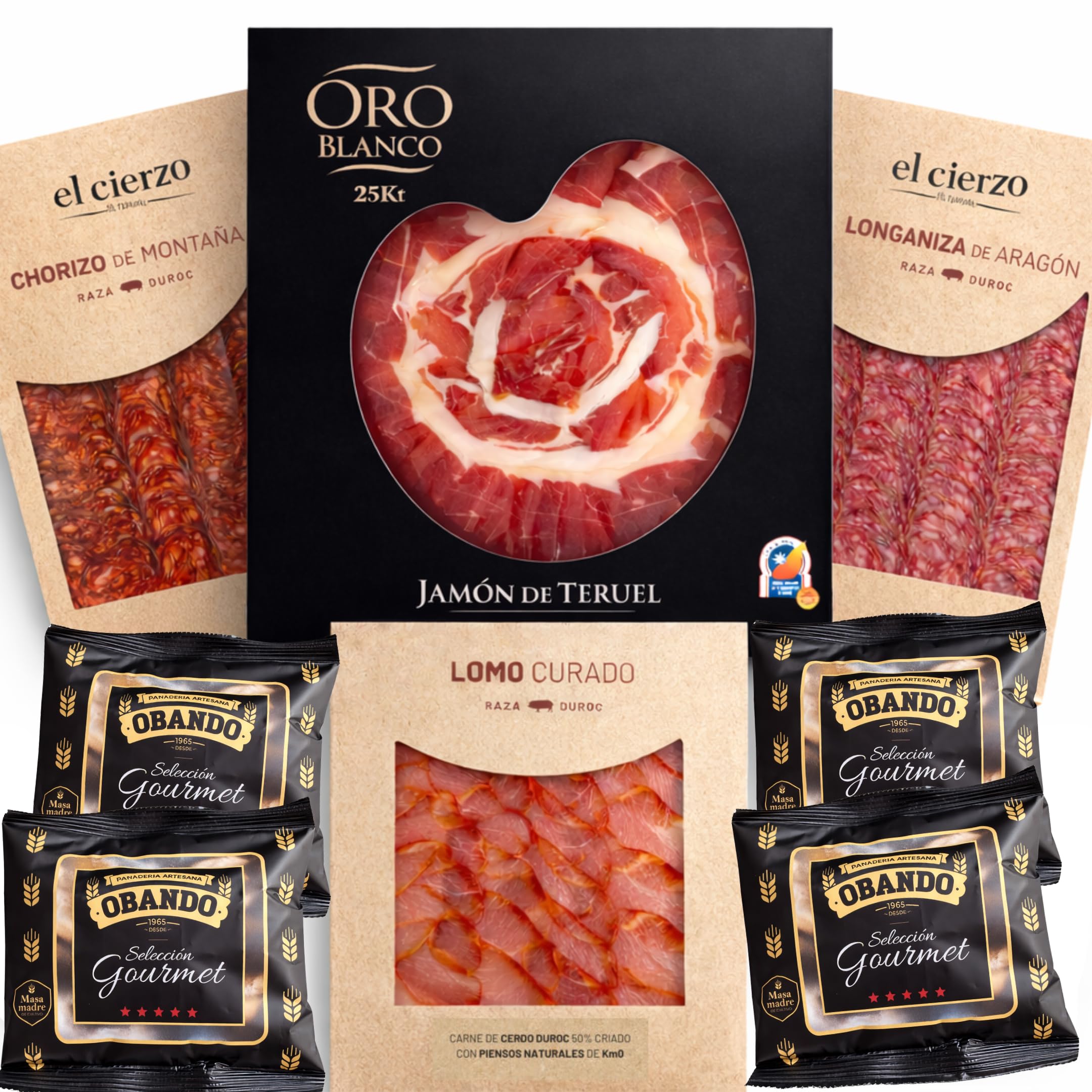 Cesto Regalo Gastronomico Salumi Spagnoli Gourmet – Prosciutto Spagnolo de Teruel DOP, Chorizo Spagnolo, Lomo, Longaniza de Aragon – Regalo Alimentare -Tapas- Prosciutto Crudo Tagliato a Mano - Box1