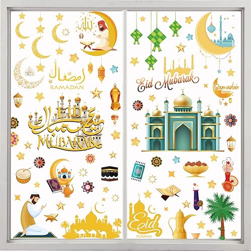 PUFENY Ramadán Mubarak - Calcomanías estáticas para ventana de Eid Mubarak para decoración de fiestas. Felicidad musulmana, Ramadán, Eid Al-fitr,