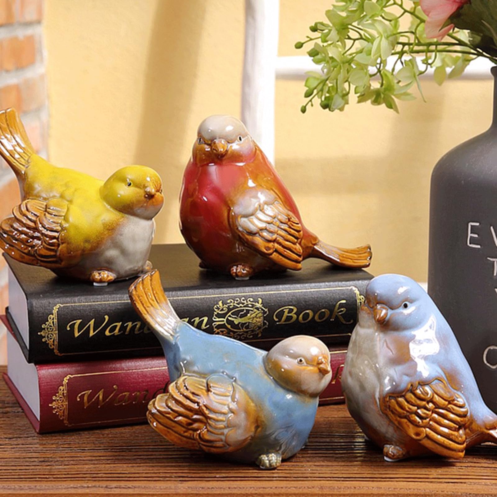Zestaw 4 ceramicznych figurek ogrodowych dla ptaków, rustykalna dekoracja na zewnątrz do trawnika i ogrodu, sielankowe urocze rzeźby ogrodowe i posągi do uroczej dekoracji ogrodu, ozdoby na podwórko
