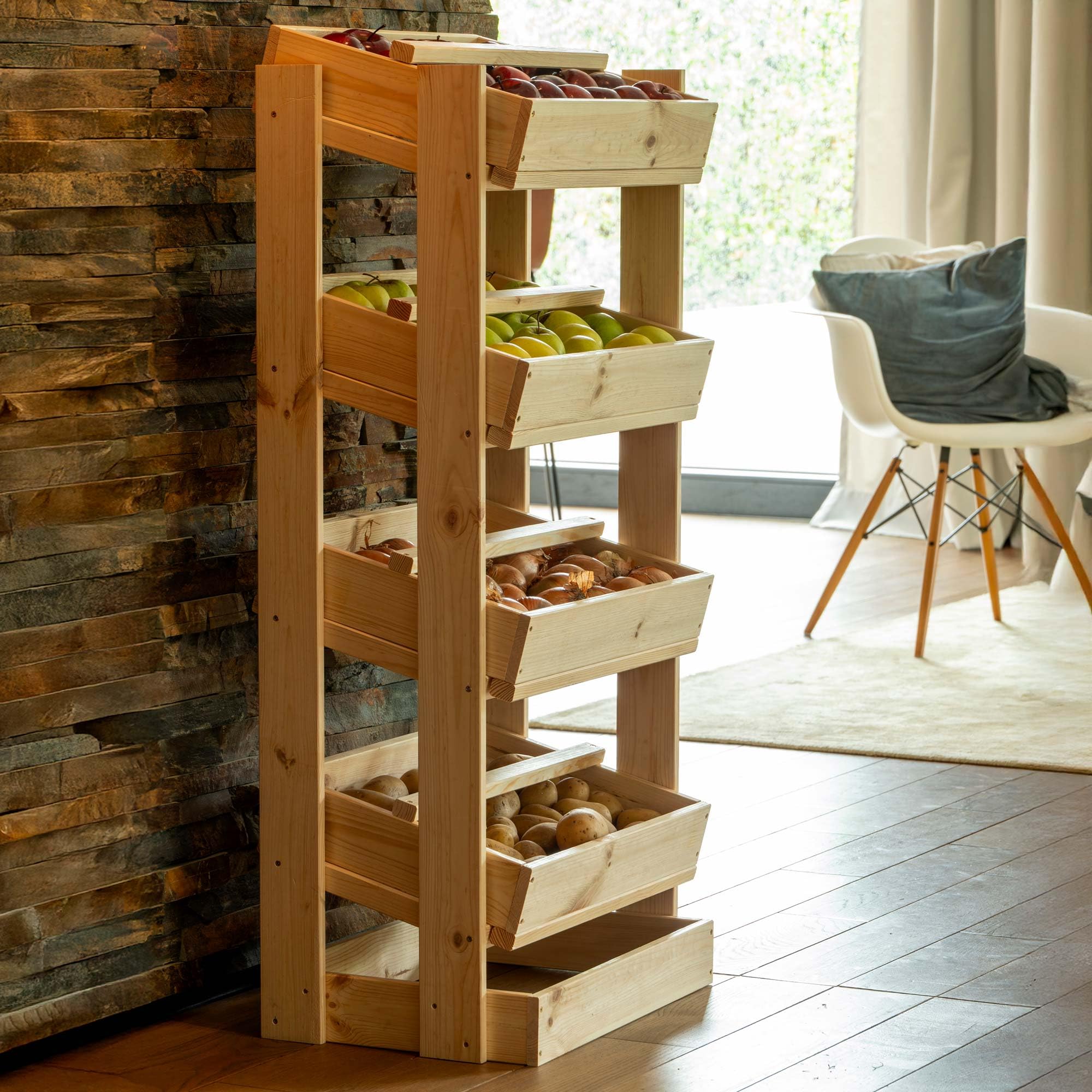 dobar® green label Vorratsregal für Obst und Gemüse - Obstkiste aus Holz - Obst und Gemüsehorde mit 4 Fächern - Gemüseregal mit 4 Stapelkisten - 53 x 35 x 116 cm - Natur