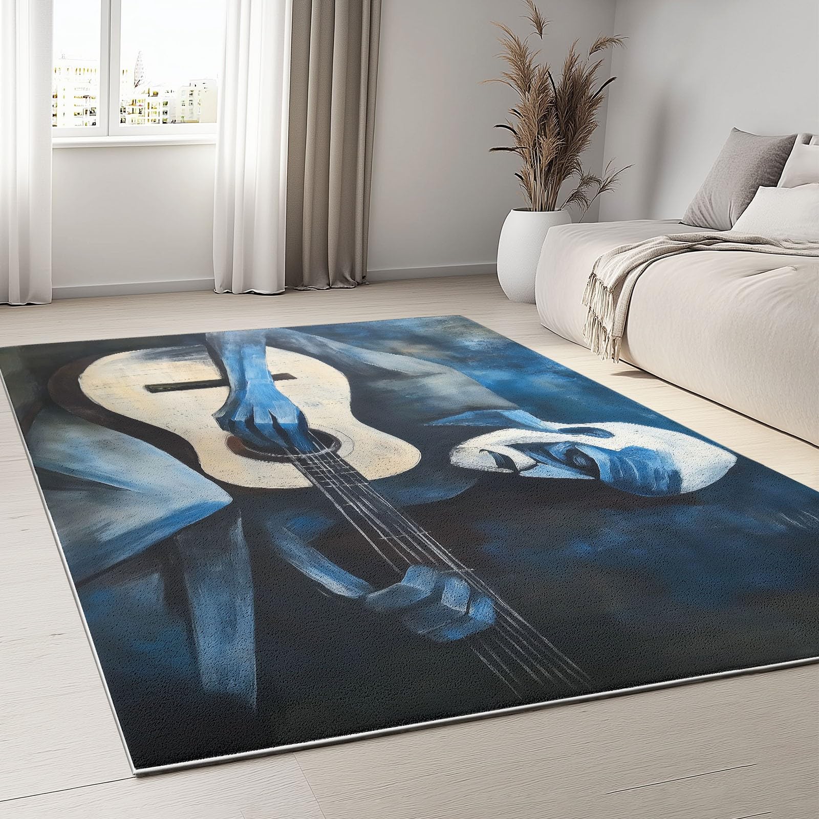 Ciemnoniebieski antypoślizgowy dywanik z oparciem, 120 x 170 cm miękkie dywaniki do sypialni z mistycznymi wzorami ręcznie rysowane dekoracyjne gitarzysty do salonu i pomieszczeń