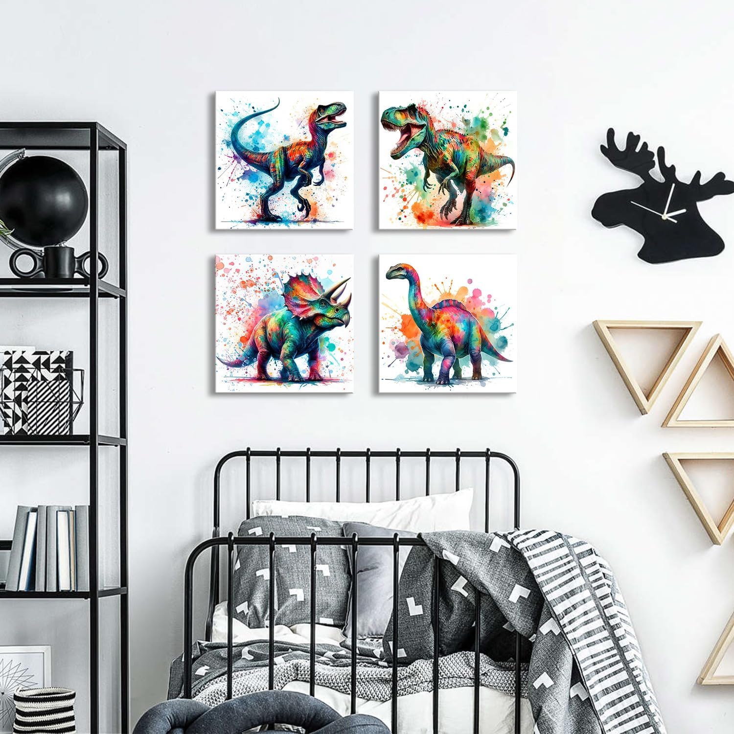 Watercolor Dinosaur Wall Art Kids Dinosaur Room Wall Decor Jurassic Park Animal Pictures Canvas Prints Graffiti Dino Artwork for Boys Bedroom Playroom Nursery Toddler Home Decoration 12x12" 4 Pcs