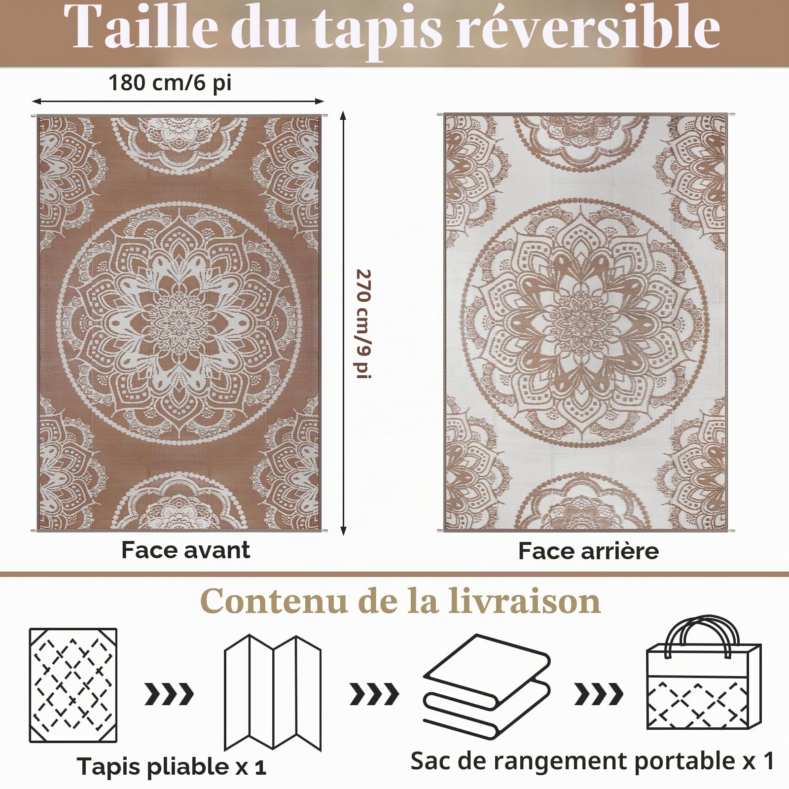 Tapis Exterieur Resistant Pluie Terrasse Tapis Barbecue Sol Exterieur Grand Tapis Plastique Exterieur Imperméable Tapis d'extérieur pour Terrasse Jardin Balcon Plage Salon 180 x 270 cm, Beige Marron
