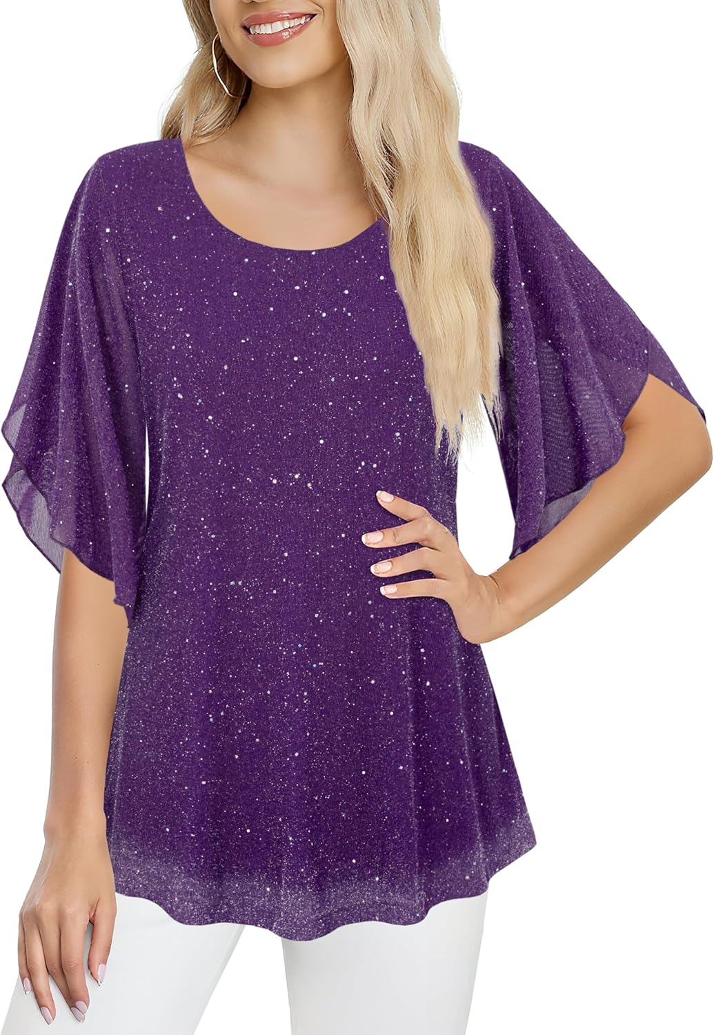 Ninedaily Women's Tops 3/4 Sleeve Blouses Dressy Casual Double Layers Mesh Tunic Shirts - Image 4