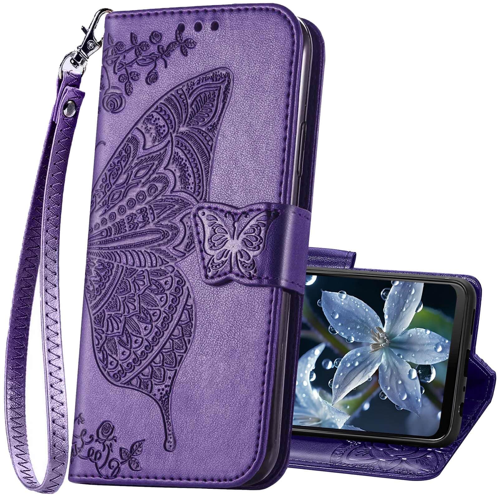 KRHGEIK for Moto G Play 2024 Phone Case Wallet,Women Butterfly Embossed PU Leather Kickstand Card Holder Slots Wrist Strap Flip Cover Purse for Motorola Moto G Play (2024) (Purple)
