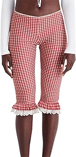 Women Y2k Coquette Capri Skinny Leggings Bowtie Lace Frill Cropped Pants Slim Fit Knee Length Capris Trousers