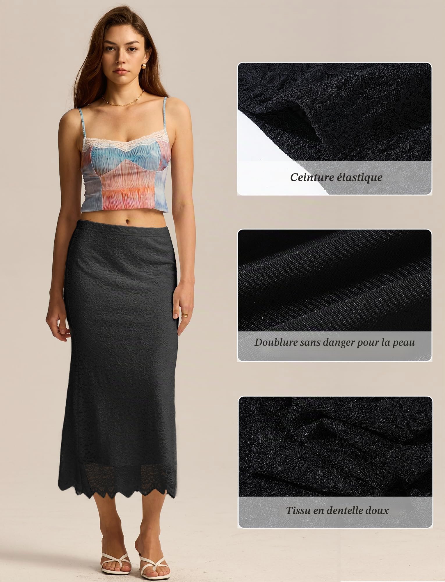 FEOYA Jupe Femme en Dentelle Élégante Coupe Bodycon Droite Jupe Longue Décontractée Elastique Taille Midi Jupes
