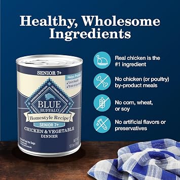 Blue Buffalo Homestyle Recipe Chicken & Vegetable Dinner Pate Natural Wet Dog Food for Senior 7+ Dogs, Made with Natural Ingredients, Vitamins & Minerals, 12.5-oz. Can (12 Count)