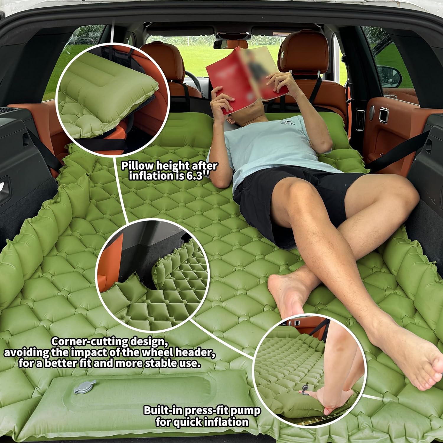 Inflatable Car Air Mattress, SUV Air Mattress for Travel Camping, Ultralight Camping Bed with Pillow and Built-in Foot Pump, Portable Sleeping Pad for SUV -Green