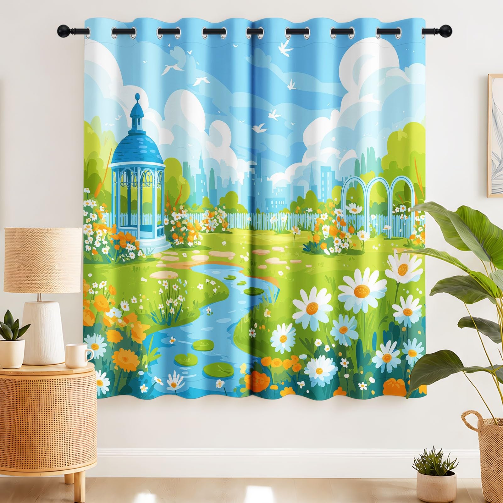 Cortinas ocupantes estilo rural jardín estampadas flor de margarita lavable a máquina, ideal para niños jugadores en sus dormitorios y salas de estar, 110 x 215 cm(2 paneles)