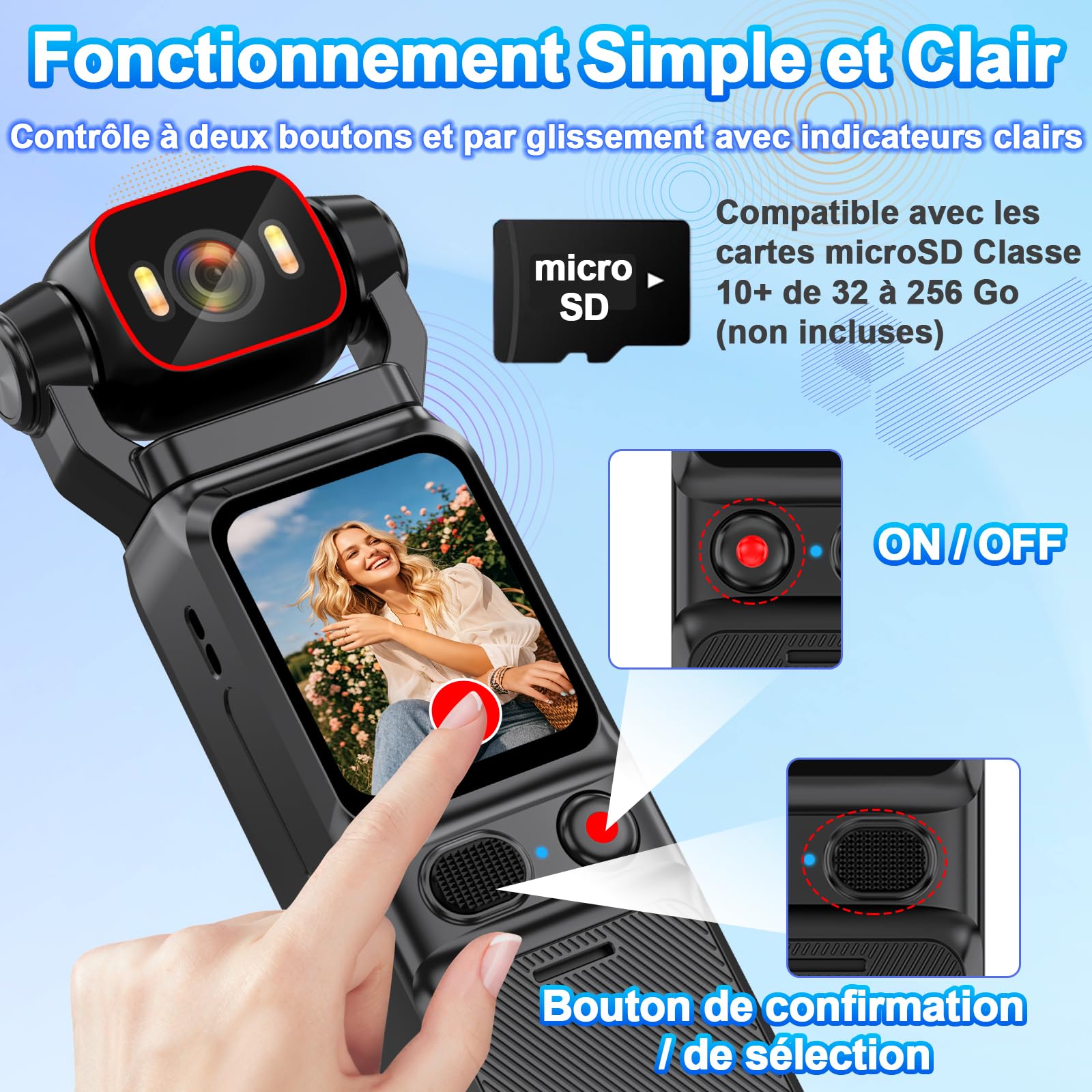 Caméra Vlog 4K Stabilisation 6 Axes WiFi Grand Angle, Moovora | Batterie 5h, objectif orientable 160°, LED intégrée, 256GB SD, écran