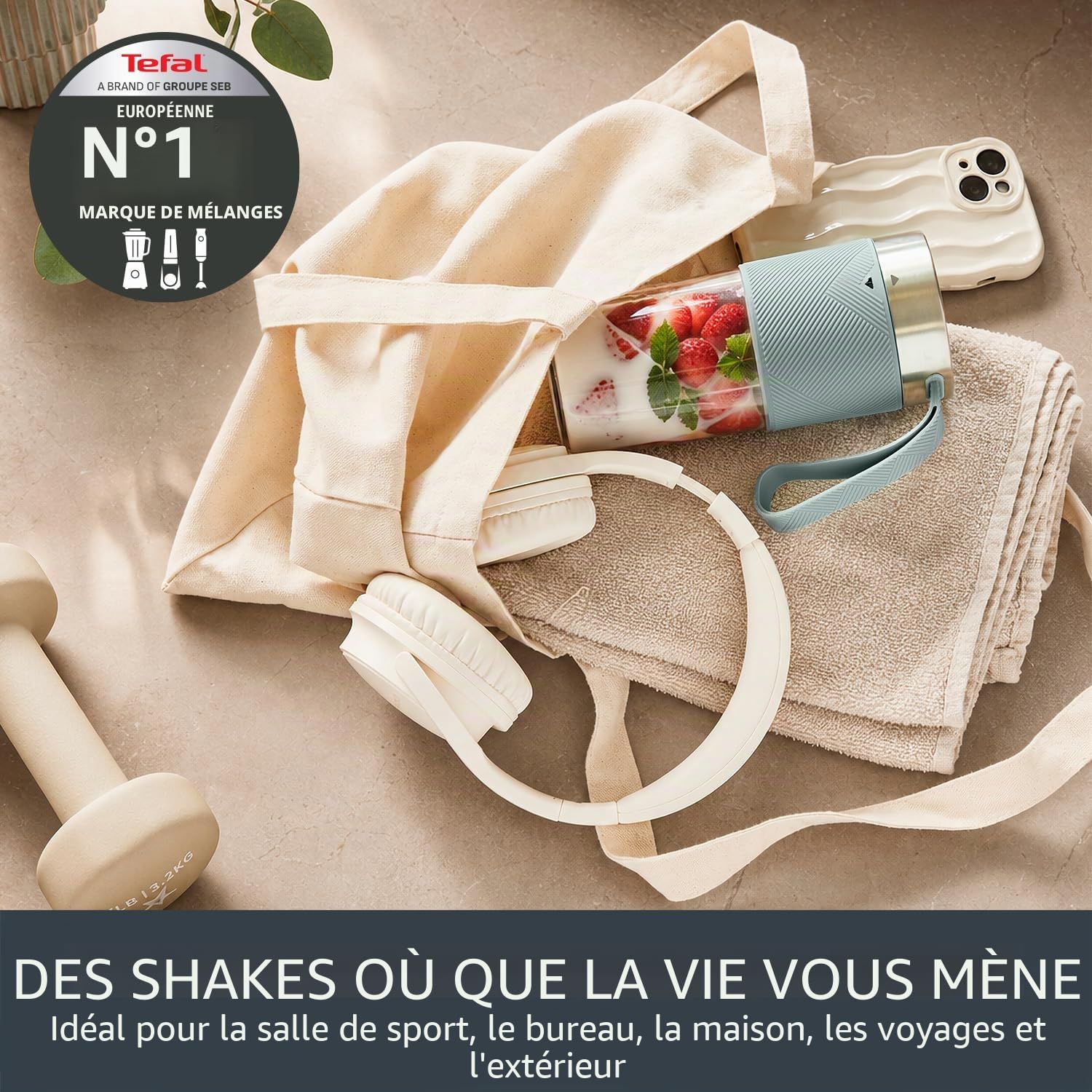 Tefal Lightmix BL1C0430 BL1C0430 BL1C0430 Blender portable, puissant, sans fil, rechargeable, smoothies protéinés, mélanges de crème glacée et fruits congelés, BL1C0430, 300 ml